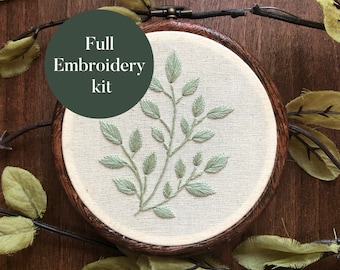 Embroidery Kit | Simple Leaves | DIY Full Beginner Hand Embroidery Needlepoint Floral Botanical Nature Sewing Kit DIY Pattern