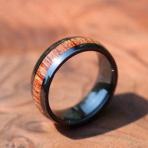Personalized men&#39;s wood wedding band - Black Ceramic Koa Wood Wedding Ring Oval - Men&#39;s Wedding Ring - Custom ring