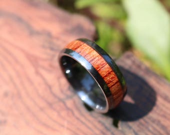 Personalized Wood Gifts for men wooden wedding bands for men black ceramic koa wood wedding ring - oval mens wedding ring, Hoop