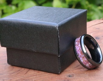 Genuine amethyst ring, gemstone ring, crystal push gift, Black Ceramic, wedding ring, promise ring, Anniversary Band, for him, for her, 8mm
