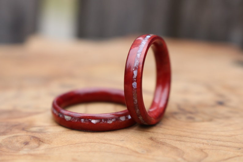 Wood wedding band ring set Redwood burl ring set with white quartz crystal and mother of pearl offset inlays