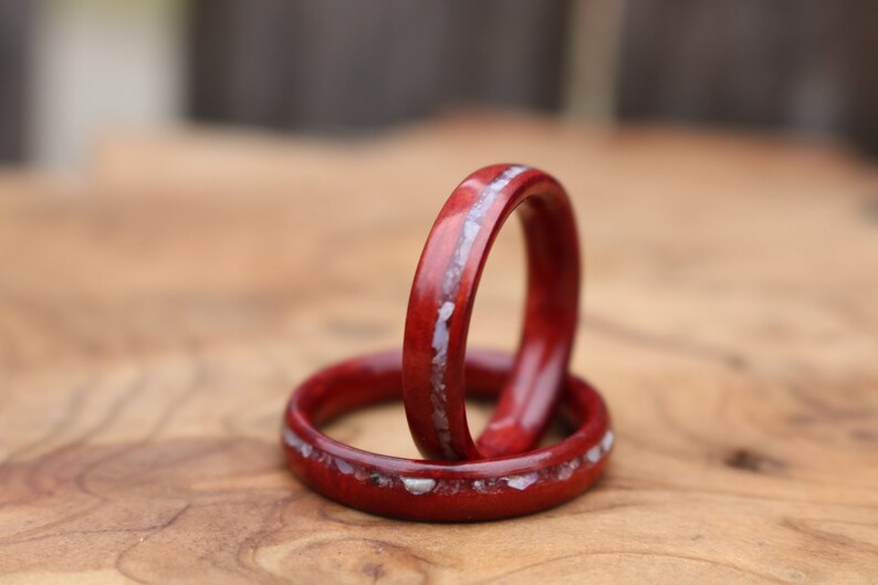 Wood wedding band ring set Redwood burl ring set with white quartz crystal and mother of pearl offset inlays