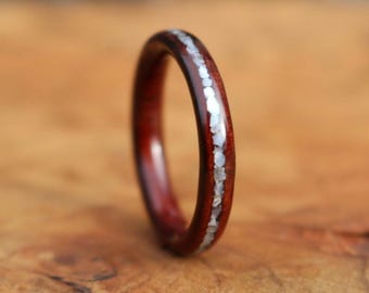 Black Walnut Burl Wood Ring, Mother of Pearl Inlay Wedding Band