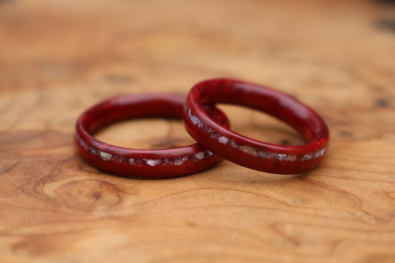 Wood wedding band ring set Redwood burl ring set with white quartz crystal and mother of pearl offset inlays