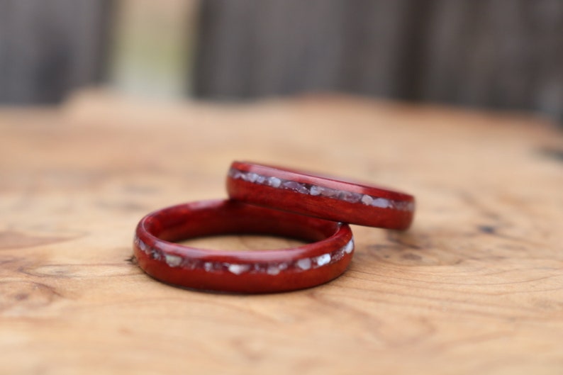Wood wedding band ring set Redwood burl ring set with white quartz crystal and mother of pearl offset inlays