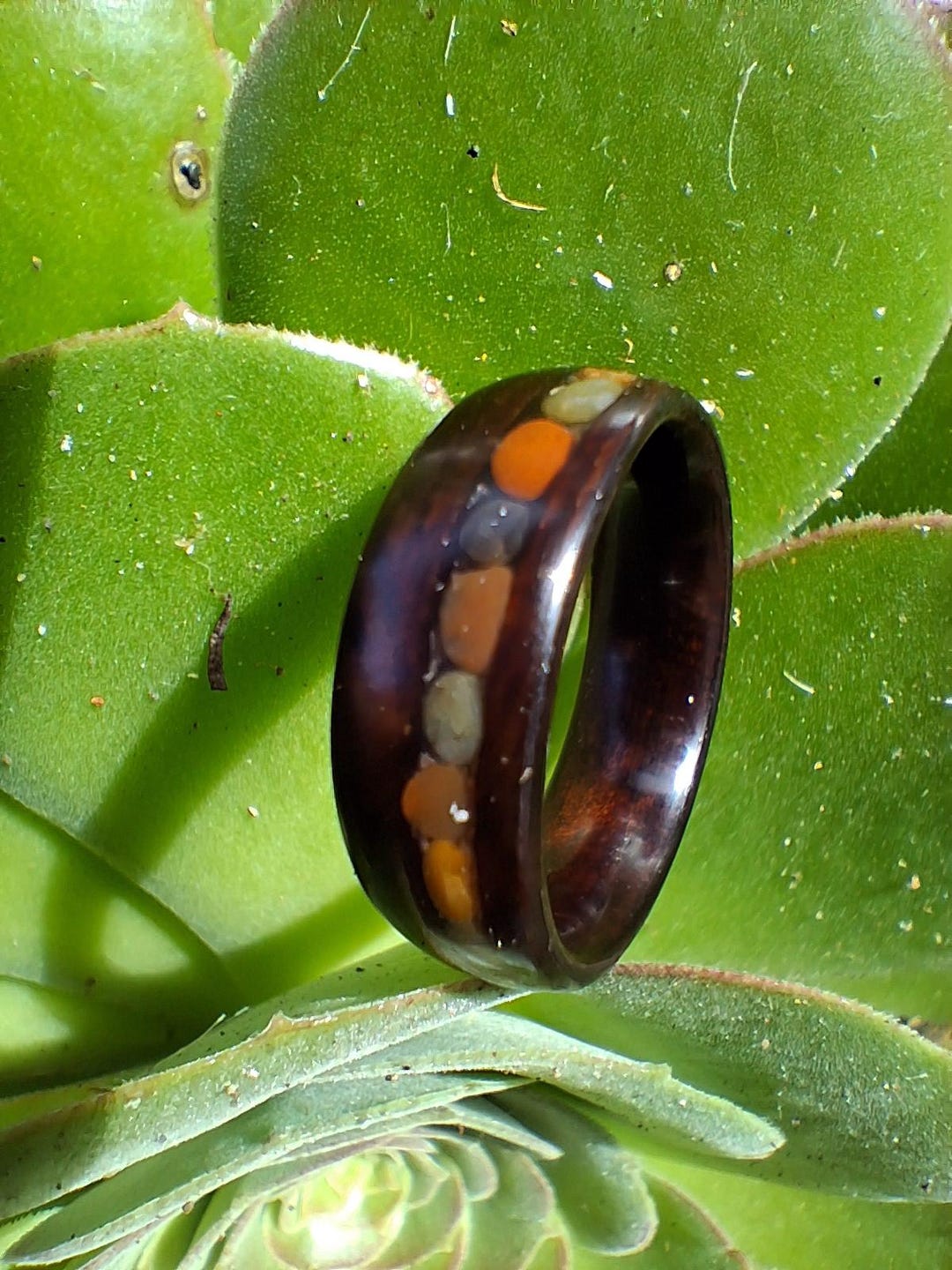 Old Growth Redwood Ring With Jasper Pebbles Offset Inlay, Redwood Burl ...