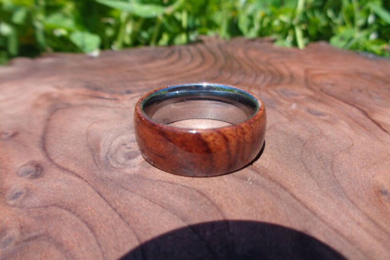May include: A wooden ring with a silver band. The wood is a dark reddish brown with a natural grain pattern.