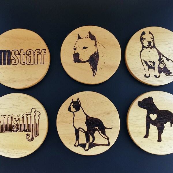 Amstaff wooden coasters with pyrography "Amstaff" design, 6 pieces set with stand.