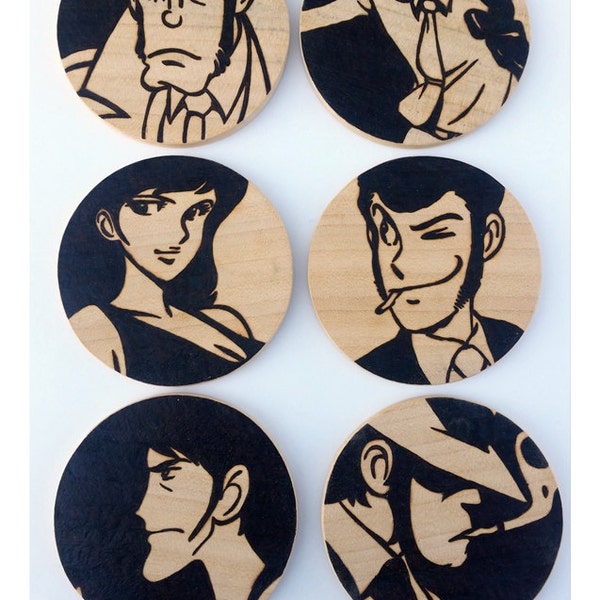 Lupin wooden coasters with pyrography handmade design, Lupin the 3rd 6 pieces set, gift idea