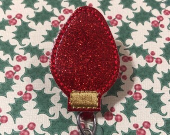 Red or Green Glitter Christmas Light Bulb Badge Reel