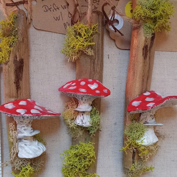 Cottage Core Decor. Set of 3 Air dry clay Mushroom ornaments. Handmade Mushroom Decor. Lake Erie Driftwood Decor