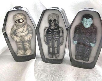 Halloween Candles / Tin Coffin Candles / Mummy, Vampire, Skeleton