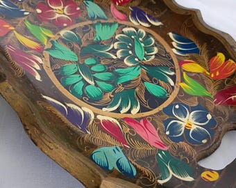 Mexican Folk Art Handled Floral Wooden Tray