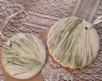 Evergreen Pine Impression Ceramic Ornaments set of 2