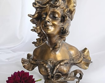 L'Hiver (Winter) Art Nouveau-style metal bust sculpture