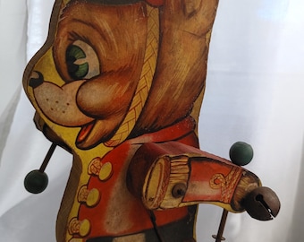Vintage Pull Toy by the Gong Bell Mfg Co. Drum Major Bear Pull Toy