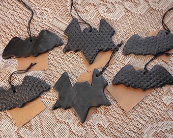 Handmade Ceramic Bat Ornaments: Black Gothic Halloween Decor (Set of 6)