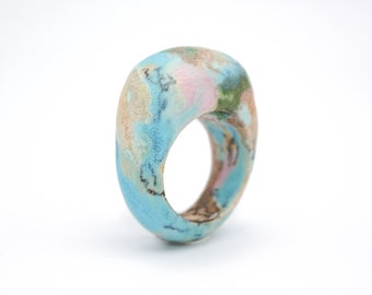 Contemporary Statement Ceramic Ring, Blue, Aqua,Pink, Turquoise, Green, Stoneware, Sculptural, Art Ring, Seascape.