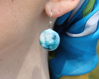 Contemporary Ceramic Dangle Earrings, Blue, Aqua, White, Seascape, Sterling Silver