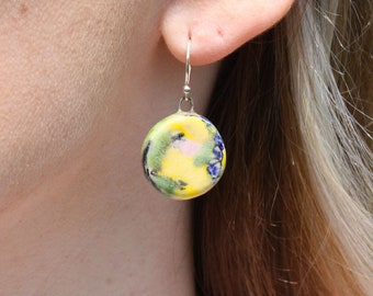 Contemporary Statement Ceramic Earrings, Yellow, Green, Navy, Pink, Graffiti, Scribble, Handmade, Dangle Earrings, Sterling Silver.