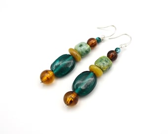 Contemporary Ceramic Dangle Earrings,Green, Ochre, Amber, yellow, Vintage beads, Long, Sterling Silver