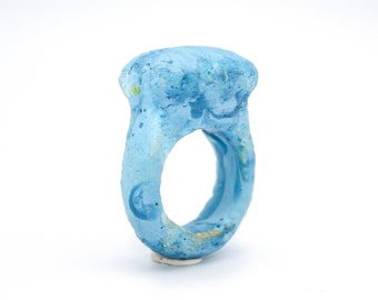 Contemporary Statement Ceramic Ring, Blue, Aqua, Turquoise, Crank Clay, Sculptural, Art Ring, Seascape.