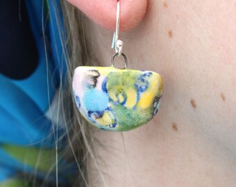 Contemporary Statement Ceramic Earrings, Blue, Turquoise, Pink, Yellow, Green,Scribble,Graffiti, Handmade, Dangle Earrings, Sterling Silver