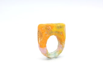 Contemporary Crank Clay Ceramic Statement Sculptural, Art Ring Yellow, Pink, Turquoise, Orange, Sunrise