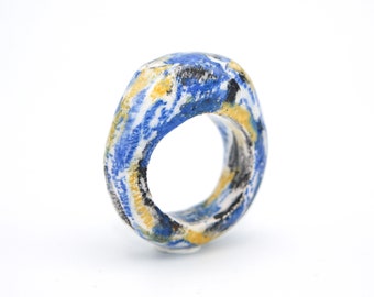 Contemporary Statement Ceramic Ring, Blue, Graffiti, Yellow, Black, Scribble, Handmade