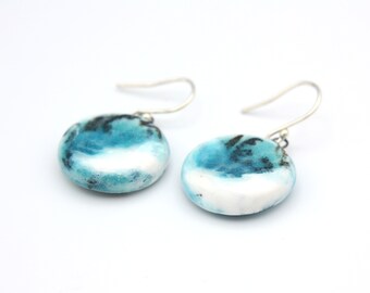 Contemporary Ceramic Dangle Earrings, Aqua, Turquoise, Blue, Sea Blue, White Sterling silver