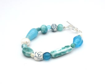 Contemporary Handmade Ceramic Vintage Upcycled Bead bracelet Blue Turquoise Aqua White Sterling Silver Toggle