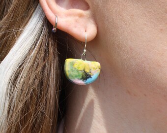 Contemporary Statement Ceramic Earrings, Blue, Turquoise, Pink, Yellow, Black, Scribble,Graffiti, Handmade, Dangle Earrings, Sterling Silver