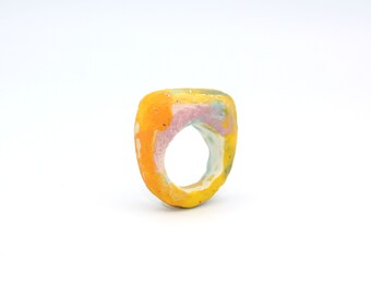 Contemporary Crank Clay Ceramic Statement Sculptural Art Ring Yellow Turquoise Orange Pink