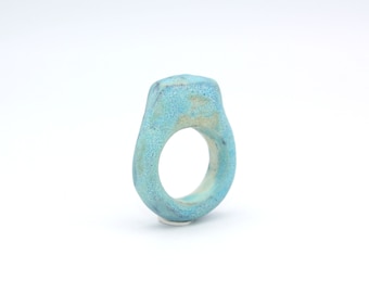 Contemporary Porcelain Ceramic Statement Sculptural, Art Ring, Blue, Turquoise, Seascape