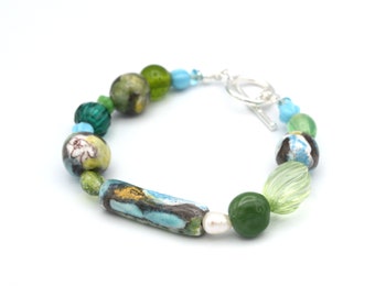 Contemporary Handmade Ceramic Vintage Upcycled Bead bracelet Green Blue Yellow Sterling Silver Toggle