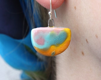 Contemporary Statement Ceramic Earrings, Blue, Turquoise, Pink, Tangerine-Orange, Graffiti, Handmade, Dangle Earrings, Sterling Silver.