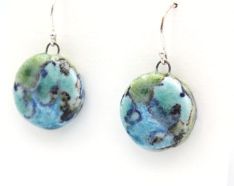 Contemporary Ceramic Dangle Earrings, Aqua, Turquoise, Blue, green, Nature, Sterling silver