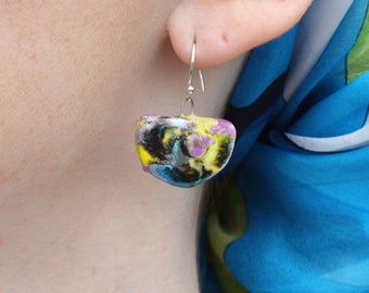 Contemporary Statement Ceramic Earrings, Purple, Black, Yellow, Turquoise, Handmade, Dangle Earrings, Sterling Silver, Abstract.