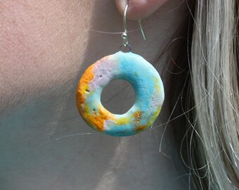 Contemporary Ceramic Ring, circle, doughnut shape, Dangle Earring, Crank Clay, Multi coloured, yellow, Orange, Blue