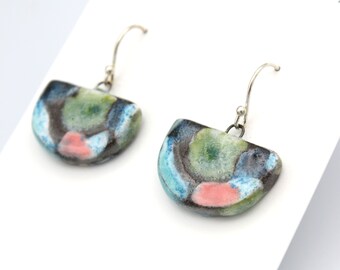 Contemporary Ceramic Dangle Earrings, Aqua, Turquoise, Blue, green, Pink, Black Clay Sterling silver