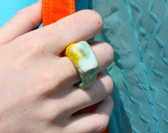 Contemporary Crank Clay Ceramic Statement Sculptural Scribble Art Ring Yellow Turquoise