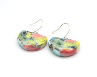 Contemporary Ceramic Dangle Earrings, Aqua, Turquoise, Blue, green, Pink, Red, Multi Coloured, Graffiti, Sterling Silver