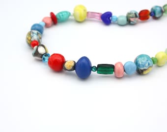 Contemporary Handmade Ceramic Vintage Upcycled Bead Choker Necklace Rainbow Colours Green Blue Yellow Purple Pink Pearl Sterling Silver