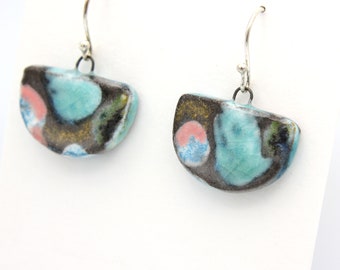 Contemporary Ceramic Dangle Earrings, Aqua, Turquoise, Blue, Pink, Black Clay Sterling silver