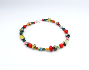 Contemporary Handmade Ceramic Vintage Upcycled Bead Choker Necklace Red Green Blue Yellow Pink Multi Sterling Silver