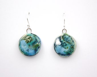 Contemporary Statement Ceramic Earrings, Blue, Green, Earth, Organic, Handmade, Dangle Earrings, Sterling Silver.