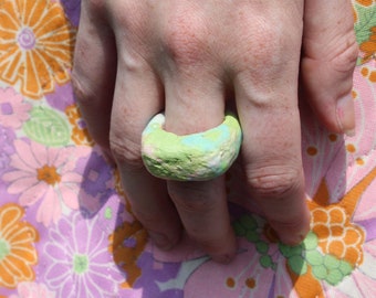 Contemporary Crank Clay Ceramic Statement Sculptural Art Ring Green Turquoise Pink, Handmade