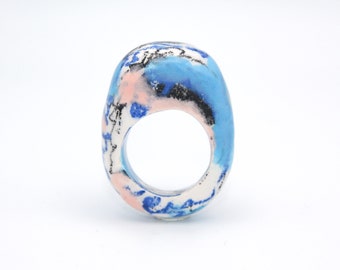 Contemporary Statement Ceramic Ring, Blue, Scribble, White, Black, Pink, Graffiti, Handmade