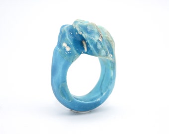 Contemporary Statement Ceramic Ring, Porcelain, Stoneware, Blue, Turquoise, Mountain, Sculptural, Nature, Handmade