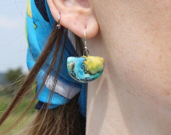 Contemporary Ceramic Dangle Earring, yellow, Blue Scribble, Sterling Silver